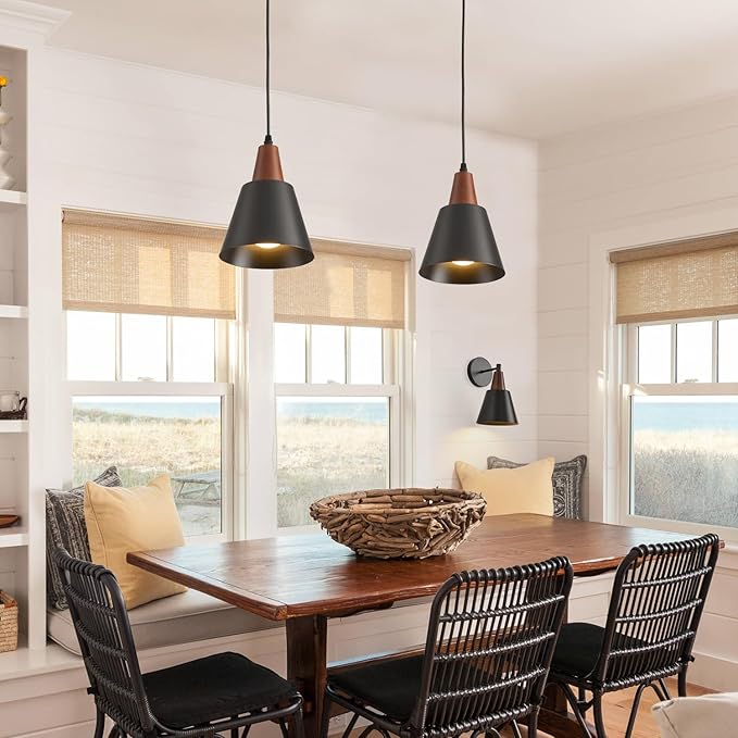 2 Pack Pendant Lights, Black Pendant Lights Kitchen Island,Wood Dome Minimalist Industrial Ceiling Hanging Lights for Kitchen Island, Barn, Dining Room, Living Roo m, Bedroom