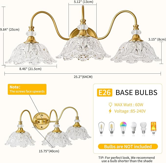 Gold Bathroom Vanity Light, 3-Light Brushed Gold Finish Vanity Light with Floral Clear Glass Shades, Retro Wall Mount Lighting for Bathroom, Dressing Table
