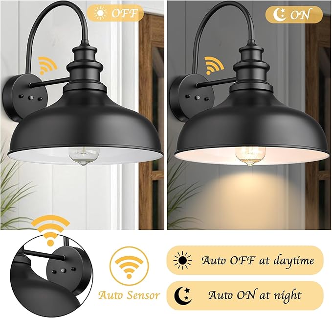 Bestshared Dusk to Dawn Sensor Farmhouse Barn Light, Outdoor Wall Sconce, Outdoor Wall Lantern for Porch, Exterior Light Fixtures Porch Lights (Black+White, 2 Pack)