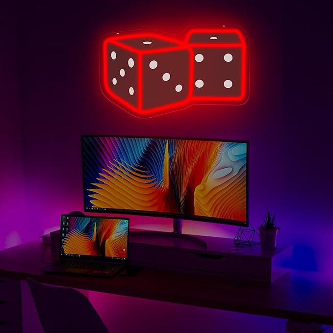Dice Neon Sign – 14.57″ × 9.45″ Adjustable Brightness Neon Signs for Wall Decor – Red LED Wall Light for Bedroom, Bar, Game Room, and Home Decoration
