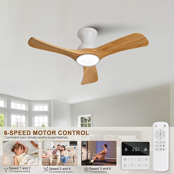 Flush Mount Ceiling Fans with Lights,36 inch,Remote Control,Wall Switch,Solid Wood Blades,Dimmable,Reversible Noiseless,Power Off Memory Modern Ceiling Fan for Bedroom Patio Indoor/Outdoor
