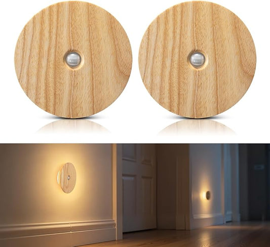 Motion Sensor Night Lights Wood, Rechargeable Battery-Powered Magnetic Stick-On Night Lights Wall Lights for Hallway, Bedroom, and Stairs (Ash Wood *2Pack)