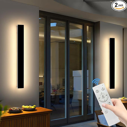 Mikeru 3CCT Dimmable Outdoor Wall Sconce 31.4" IP65 Waterproof -2Pack Modern Black Exterior Light with Remote Control, Adjustable 3000K/4500K/6000K for Porch, Patio & Commercial Spaces | Hardwired