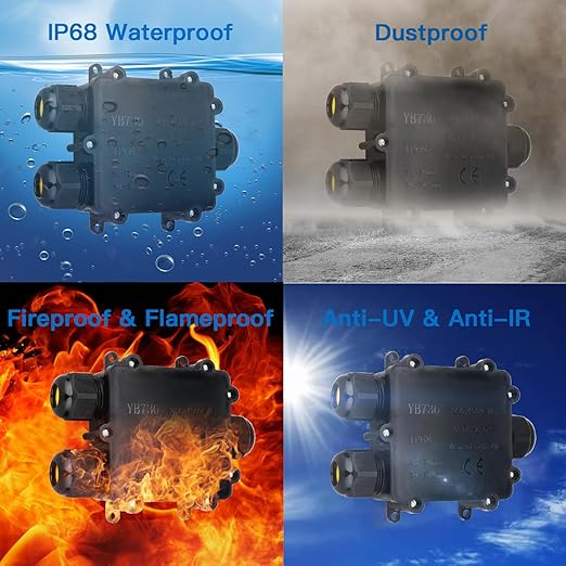 Helunsi Waterproof Junction Box 3 Way, IP68 External Waterproof Electrical Junction Box, Black Underground Junction Box Outdoor Cable Connector, for Diameter 5mm -14mm Wire Gland (1 Pack - Larger)