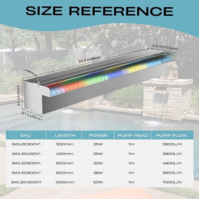 Pool Fountain Stainless Steel Waterfall with LED Lights - 23.6" LED Strip Remote Control with 18 Colors, Smooth Water Flow & Cascade Blade, Easy Installation for Outdoor, Garden, Patio & Ponds