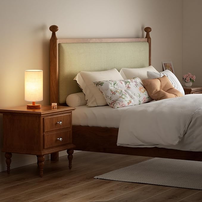 Fenmzee Small Table Lamp for Bedroom - Inline Control, Bedside Lamp with 3000K A15 LED Blub, Easy Assembly (Beige Shade - Walnut Base, 9" Inline Control)