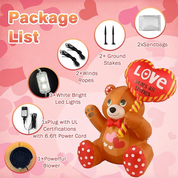 Valentines Day Inflatables Outdoor Decorations Love Blow Up Yard Décor Sweet Romantic Cute LED Lights for Indoor Outside Wedding Holiday Party Garden Lawn (Bear)