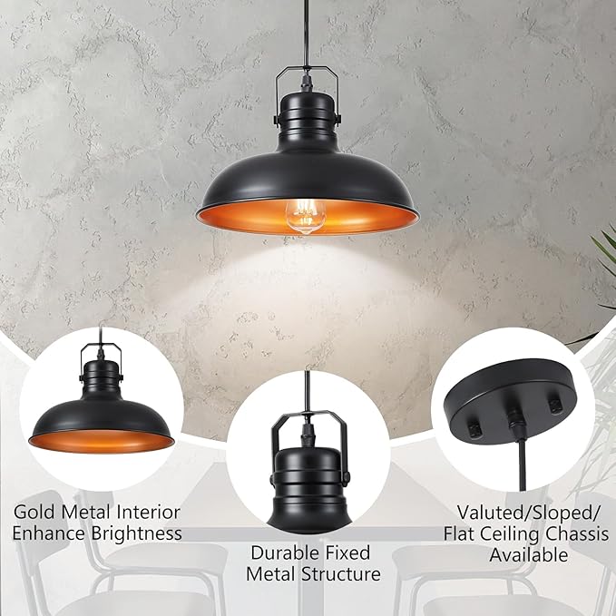 Industrial Pendant Light, 10.5 Inch Farmhouse Small Black and Gold Chandelier, Vintage Hanging Light Fixture with 71'' Height Adjustable Cord for Kitchen Island, Dining Room, Bedroom - 3 Pack