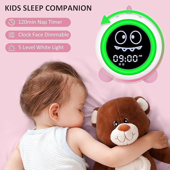 Kids Alarm Clock, Toddler Sleep Training Clock with Night Lights, Sound Machine, Time to Wake Dinosaur Alarm Clock for Children, Gift Ideas for Kids Toddler Boy Girl (Pink)