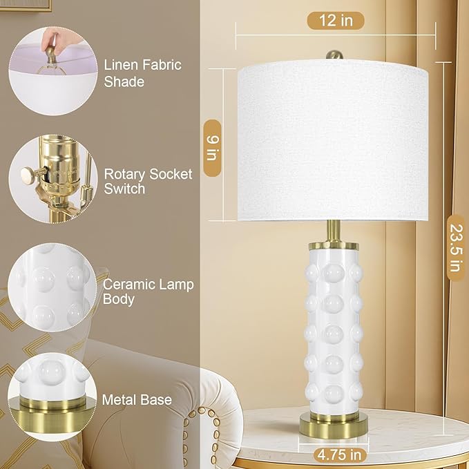 23.5" Modern Ceramic Table Lamp Set of 2 for Living Room, White Desk Lamps for Bedroom Nightstand, Farmhouse Lamps with 3-Way Dimmable Bulb, Linen Shade, Bedroom Living Room (Bulb Included)