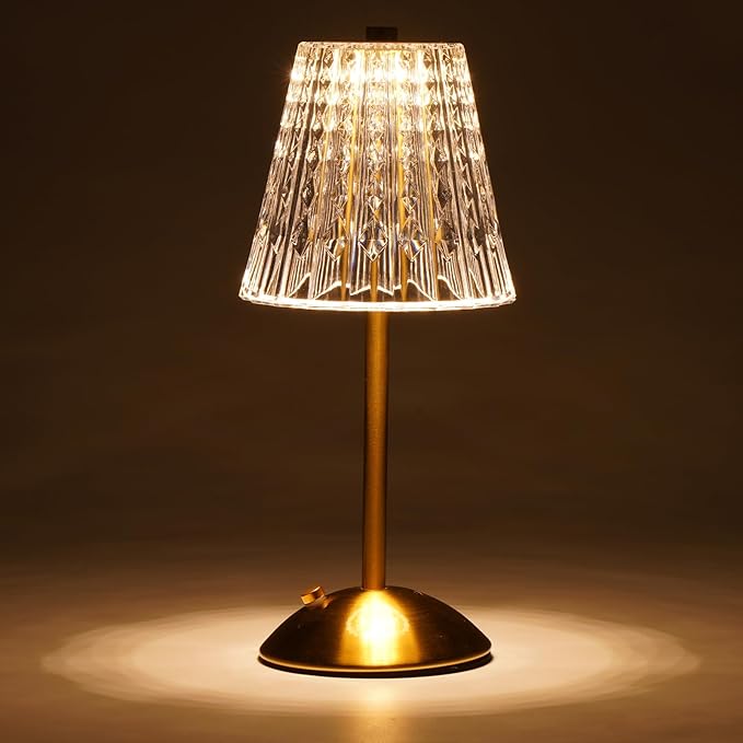 Cordless Touch Table Lamp, 3500mAh LED Rechargeable Small Dask Lamp, 3 Colors Dimmable Battery Operated Crysta Lamp for Bedroom Restaurant Kitchen Home Decor, Gold