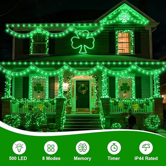 QITONG 165ft 500 LED Green St Patricks Day Lights, 8 Modes Outdoor String Lights Plug in, Clear Wire Twinkle Christmas Light Indoor