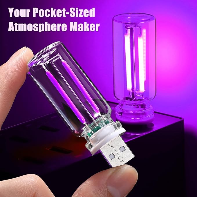 2PCS Mini Glass Bottle USB Light for Car, Touch Control, Plug-in USB Car Lights Interior Ambient Lights, DIY Mini Glass Neon Mood Lamp Retro Night Light for Party Festival Holiday Decoration, Purple