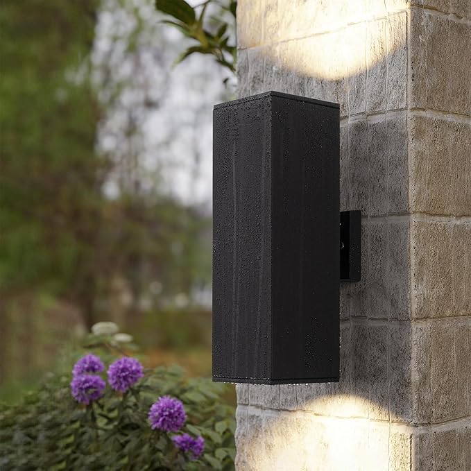mirrea Modern Outdoor Porch Light Patio Light in 2 Lights with Aluminum Rectangular Tube and Tempered Glass Cover Waterproof Wall Sconce 2 Pack (Matte Black 18")