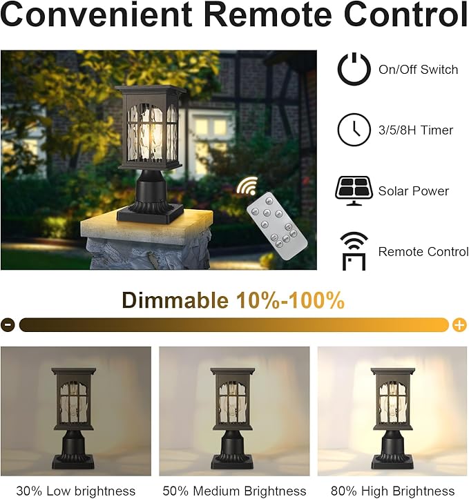 Solar Lamp Post Lights Outdoor Waterproof, Dusk to Dawn Outside Pole Light Fixture with Remote, Exterior Pillar Lantern with Water Ripple Glass and LED Bulb for Pathway Garden Patio Gargae