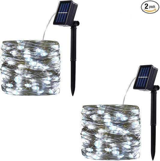 2 Pack Solar String Lights, 100LED 33FT Outdoor Waterproof Solar Fairy Lights with 8 Modes, Copper Wire Twinkle Lights for Garden, Patio, Party, Christmas, Home Decor(White)