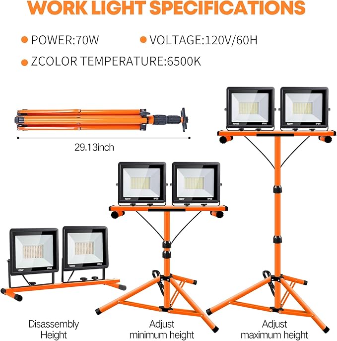21000 Lumen Work Lights with Stand, 2 Adjustable Head LED Work Light, with Adjustable and Foldable Tripod Stand, Waterproof Lamp with Individual Switch with 6500 Kelvin Color Temperature
