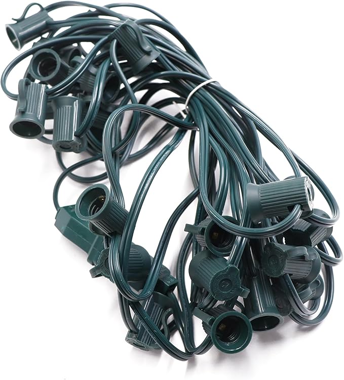 25FT C7 Light String Christmas Stringer, E12 Christmas Sockets 12" Spacing, C7 Stringer Set Green Outdoor String Light for Wedding Patio Event Lighting Decor, Green Wire