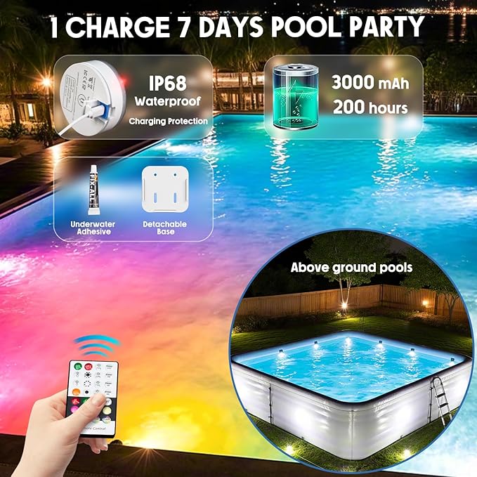 Underwater Pool Lights for Above Ground Pools and Inground Swimming Pools with Remote Timer Off, Magnet RGB Submersible LED Lights Rechargeable Spotlight 16 Colors 9-Mode for Hot Tubs, Fountain -1Pack