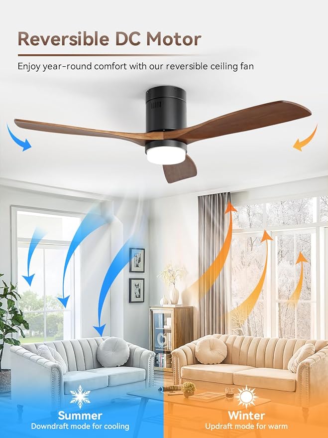 Sofucor 52 Inch Ceiling Fan with Lights and Remote, Flush Mount Low Profile Wood Ceiling Fan for Indoor Farmhouse Bedroom Living Room Outdoor Patio Porch, 3 Blades, Reversible DC Motor, Brown