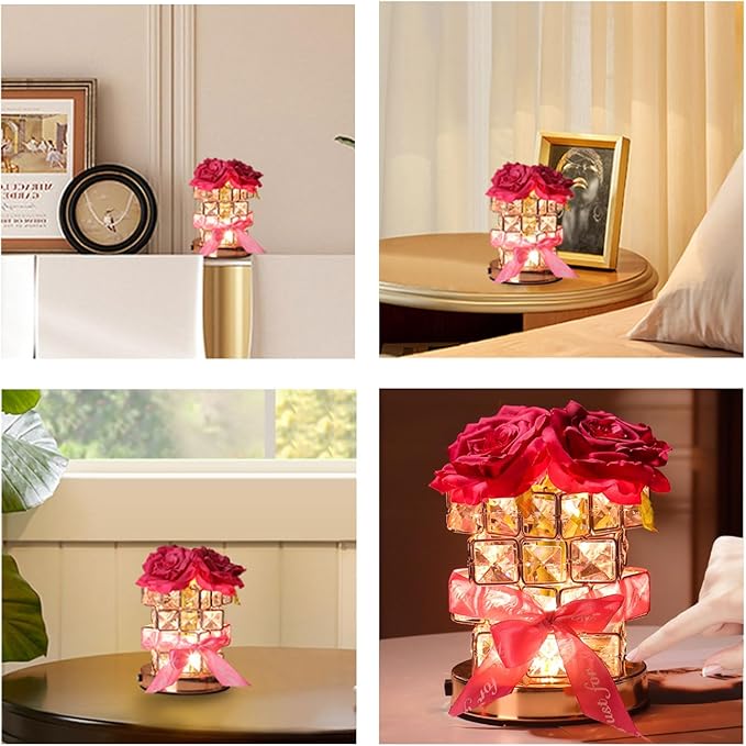 Crystal Table Lamp, Rechargeable Cordless Rose Light 3 Colors Dimmable Flower Lamp, Romantic LED Diamond Lamp for Bedroom Living Room Decor, Valentine Birthday Gift for Her (Rose Red)