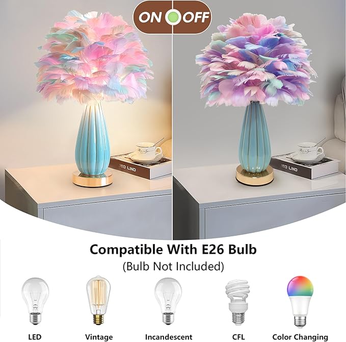 Colorful Feather Lamp Modern Feather Table Lamp Romantic Rainbow Bedside Lamp Nordic Fluffy Princess Nightstand Light for Girl Bedroom Living Room Entry Office Wedding Atmosphere