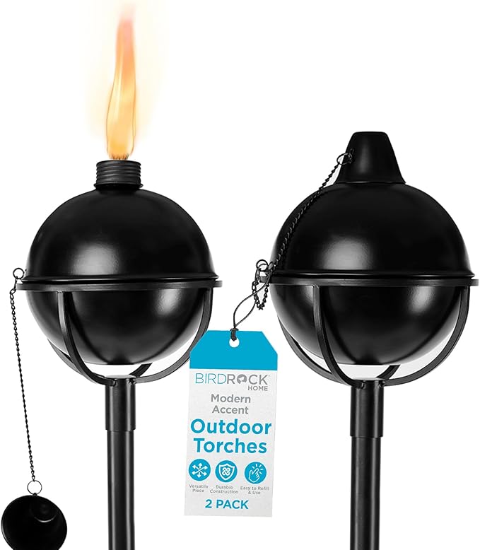 BIRDROCK HOME Bora Bora Torches - Easy to Refill Citronella - Flame Light Torch - Backyard Outside Patio Lighting - Metal Lamp - Decorative Urban Lantern (2)