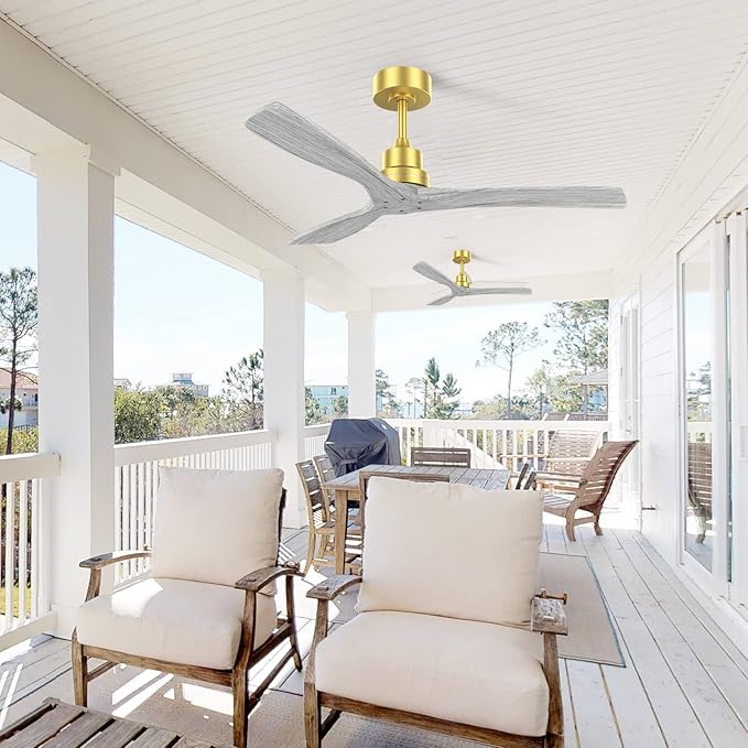 52" Ceiling Fans No Lights with Remote, 3 Solid-Wood Blade,Noiseless Reversible DC Motor for Patios Indoor Outdoor Living room Farmhouse, Golden Body
