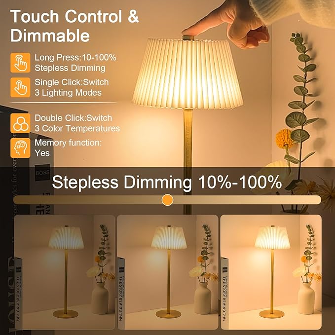 Small Table Lamp Rechargeable, 4000mAh LED Mini Cordless Lamps Gold Fabric Pleated Shade Battery Operated Lamp with 3 Colors Stepless Dimming Touch Lamps for /Bedroom/Bars/Outdoor Party/Camping,1 Pack