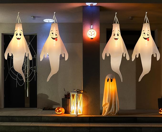 Halloween Ghost Decorations Outdoor: with Timer, 4 Pcs Cute Hanging Ghost for Tree Porch Garden Yard, Waterproof LED Ghost Halloween Decor