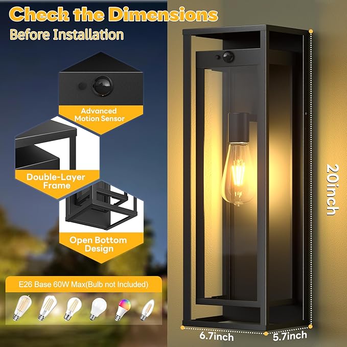 Large Motion Sensor Outdoor Lighting-20in Dusk to Dawn Modern Waterproof Sconce Wall Mounted E26 Black Porch Lights Exterior Lighting Fixture for Coach Doorway Patio