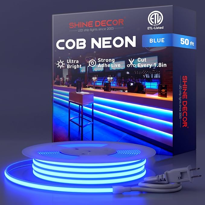Shine Decor COB LED Rope Light AC 120V, 800lm Ultra Bright, IP65 Waterproof Cold-Resistant ETL Neon Strip, No Driver Tape Lighting for Home Commercial 10x4.5mm, Blue, 50ft