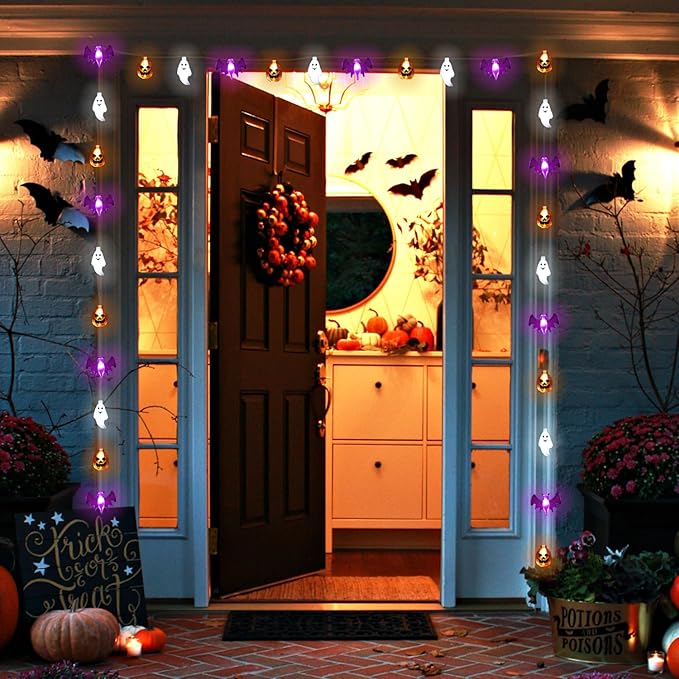 Halloween Lights Battery Operated -16FT 30 LED 3D Waterproof Ghost Bat Pumpkin String Lights with Timer-8 Lighting Modes Hanging Decor for Home Room Door Window Indoor Outdoor Porch Party Decorations