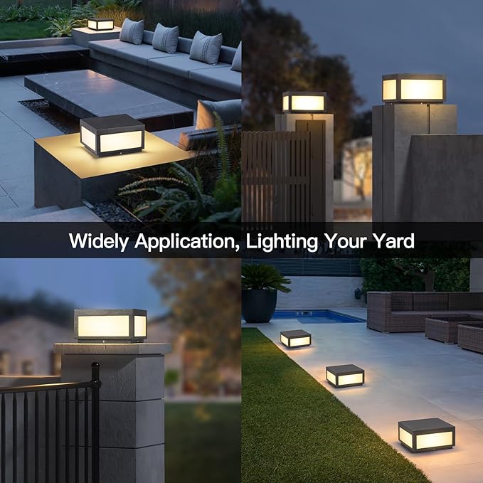 Outdoor Modern Post Light,11.8" Square Column Lamp LED Fence Post Caps Lights High Voltage Wired 3000K Luxury LED Lighting Outside with Waterproof E26 Bulb for Patio Deck Garden Decoration