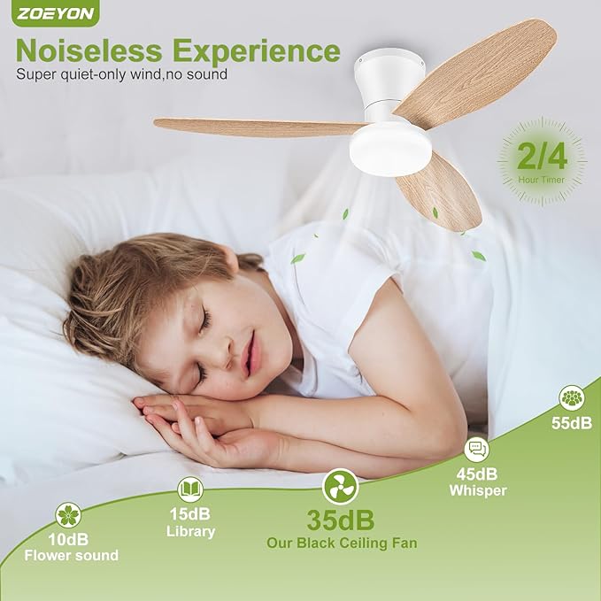 Small Ceiling Fan with Light - 42 Inch Flush Mount Ceiling Fan with Lights and Remote, Low Profile Ceiling Fans with 3 Reversible Blades, 6 Wind Speeds, White&Wood Ceiling Fans for Bedroom