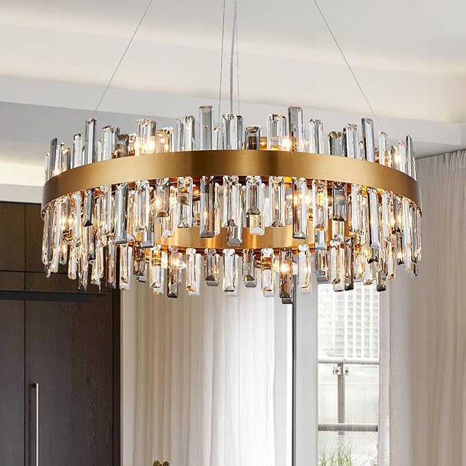Siljoy 16 Lights Modern Crystal Chandelier Luxury Gold Round 2-Tiers Raindrop Crystal Chandelier Flush Mount Pendant Ceiling Light Fixture for Dining Room Living Room Entryway Foyer D31.5'' x H9.8''