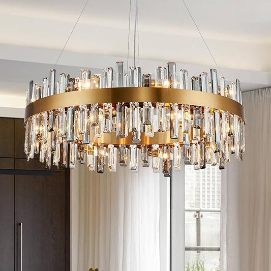 Siljoy 16 Lights Modern Crystal Chandelier Luxury Gold Round 2-Tiers Raindrop Crystal Chandelier Flush Mount Pendant Ceiling Light Fixture for Dining Room Living Room Entryway Foyer D31.5'' x H9.8''
