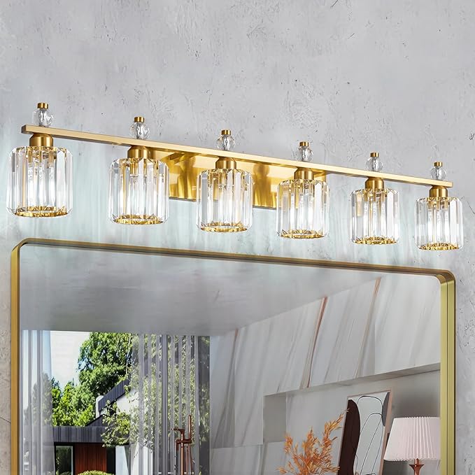 Bathroom Vanity Lights 6-Light Gold Modern Crystal Vanity Light Fixtures Over Mirror Crystal Bathroom Vanity Lighting Fixtures