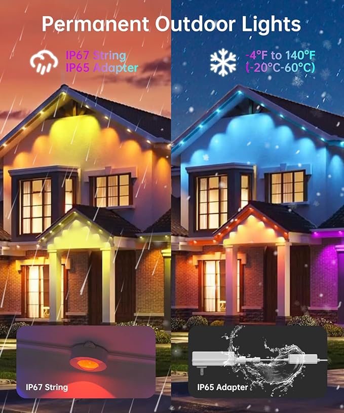 Smart Permanent Outdoor Lights, 100ft with 72 LED RGB String Lights, IP67 Waterproof Eaves Light with 44 Scene Modes for Halloween Christmas Birthday Holiday Party, APP/Voice/Remote Control