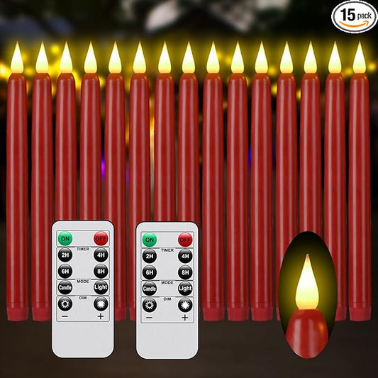 Flameless Taper Candles with Remote Control and Timer, Battery Operated LED Candlesticks with Flickering 3D Flame, 9.6×0.8 Inches Plastic Tall Candles for Christmas, Wedding and Home Decor (Red, 15)