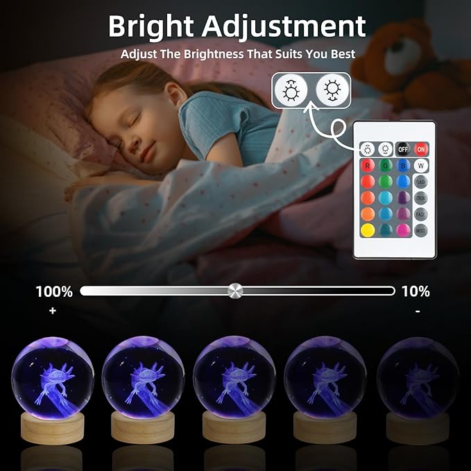 3D Axolotl Crystal Ball Night Light, Upgraded 3.15 Inch Glass Ball Lamp with 16 Color LED Wooden Base, Axolotl Decor Birthday Holiday Christmas Gifts for Boys Girls Friends (Axolotl-1)