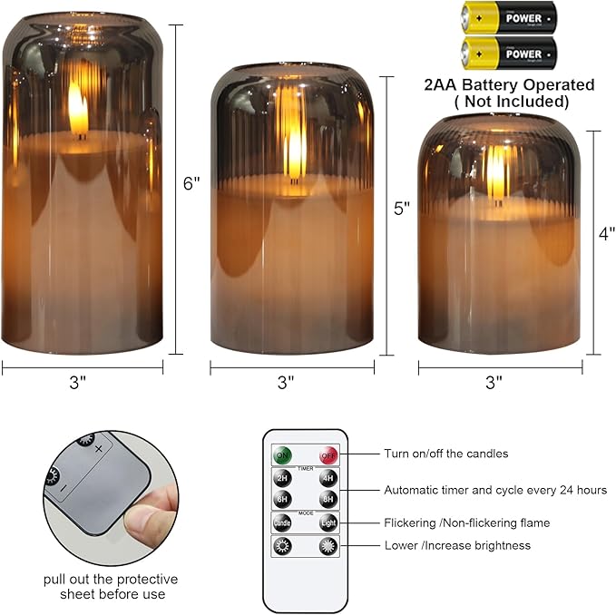 DRomance Glass Flameless Candles with Remote and Timer Battery Operated 3 Pack Real Wax Striped Gray LED Flickering Pillar Candles Dinner Wedding Halloween Christmas Holiday Decor(3" D x 4",5",6" H)
