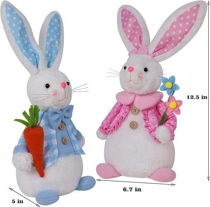 Juegoal 2 Pack Lighted Easter Bunny, 12.5" Handmade Huggable Rabbits Couple with Lights, Light Up Easter Basket Rabbits Easter Gift, Party Favor Figurine for Spring Tabletop Holiday Room, White