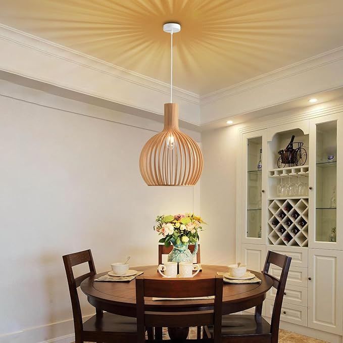 Wood Pendant Light, Natural Weaving Hanging Lamp, E26 Base Wooden Hand Made Chandelier, Boho Height Adjustable Dining Table Hanging Lamp for Bedroom Bar Café Kitchen Island Hallway Living Room