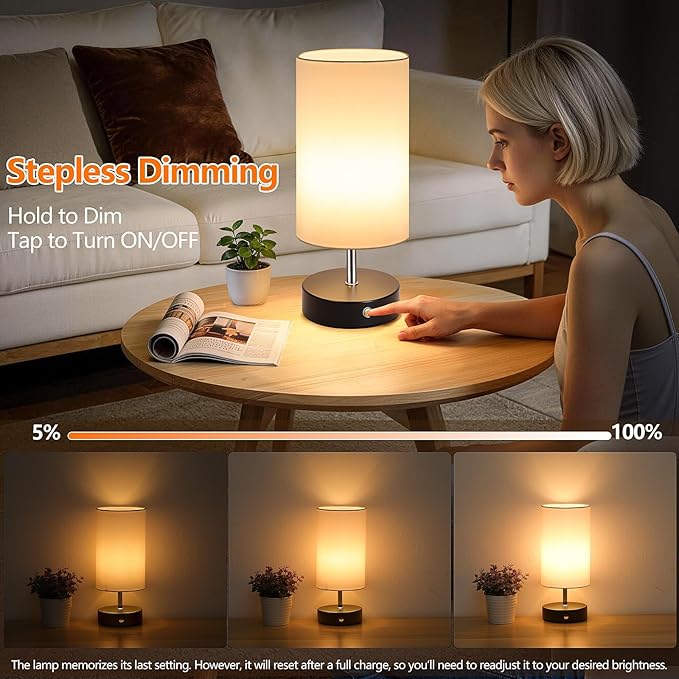 Black Cordless Table Lamp Rechargeable, 6000mAh Battery Operated Bedside Lamps, Portable LED Desk Lamp with Stepless Dimming, Wireless Lamp with White Shade, Modern Touch Small Night Light for Bedroom