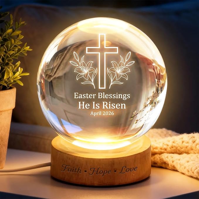 Christian Easter Cross Crystal Ball LED Night Light, He is Risen Engraved Glass Globe Lamp with Wooden Base, Faith Hope Love Religious Easter Blessing Gift April 2026 Decor