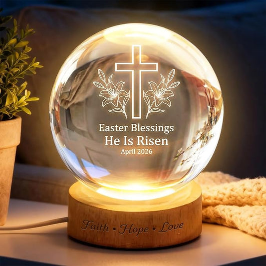 Christian Easter Cross Crystal Ball LED Night Light, He is Risen Engraved Glass Globe Lamp with Wooden Base, Faith Hope Love Religious Easter Blessing Gift April 2026 Decor
