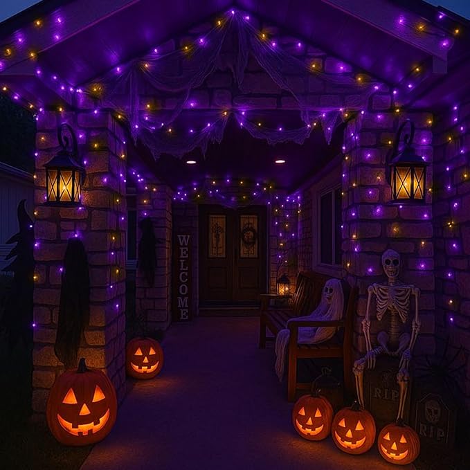 LAMPHOME Halloween Fairy Lights Plug in, 33Ft 100 LEDs Waterproof Twinkle Firefly Lights, Adaptor Included, Starry String Lights for Wedding Indoor Outdoor Christmas Patio Garden, Orange and Purple
