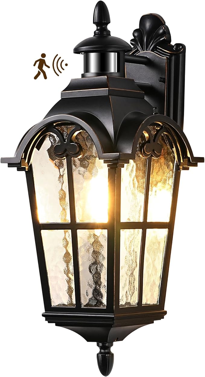 EDISHINE 20.2" Large Motion Sensor Outdoor Wall Lights, Dusk to Dawn Exterior Sconce with Water Ripple Glass, Waterproof Outside Porch Lighting Wall Mount Fixture for Front Door Garage