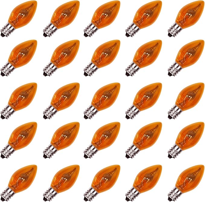 GOOTHY 25 Pack C7 Halloween Flicker Flame Light Bulbs, Orange Flickering Flame Replacement Bulbs for Chandelier Candles Christmas Outdoor String Lights, E12 Candelabra Base Night Light Bulbs, 1 Watt